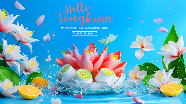 Songkran Banner with water flowers and pagoda