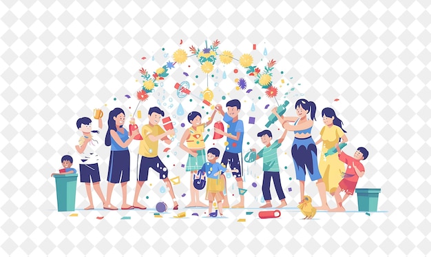 PSD songkran festival with families splashing water in the stree png festival 2d flat art illustrations