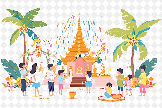 Songkran Festival With Families Visiting Temples Design Is T PNG Festival 2D Flat Art Illustrations