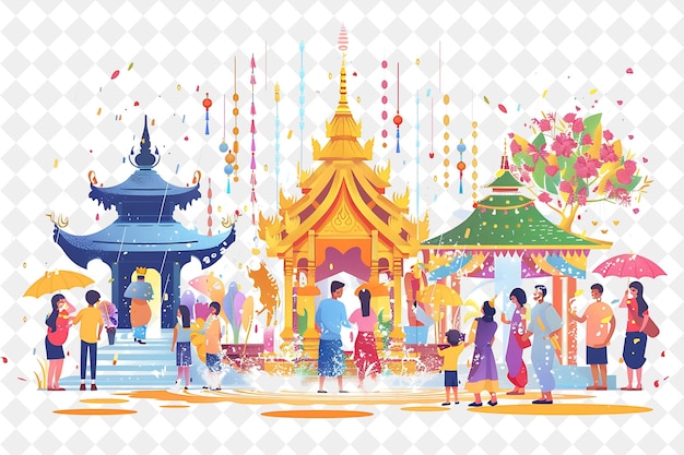 Songkran Festival With Families Visiting Temples Design Is T PNG Festival 2D Flat Art Illustrations