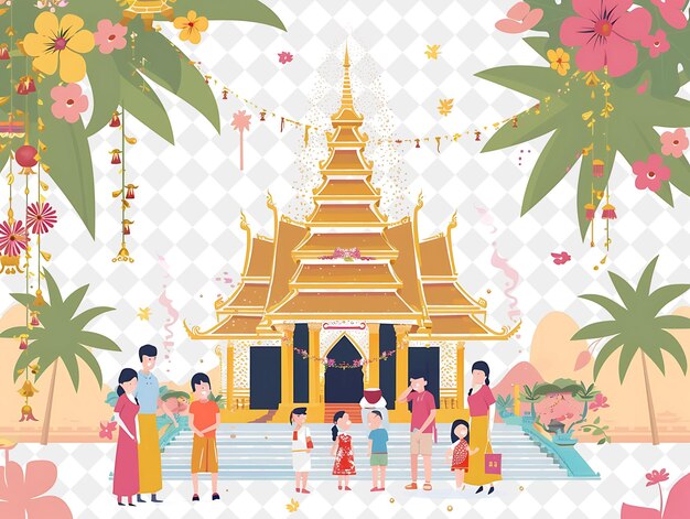 PSD songkran festival with families visiting temples design is t png festival 2d flat art illustrations