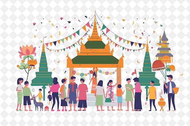 Songkran Festival With Families Visiting Temples Design Is T PNG Festival 2D Flat Art Illustrations