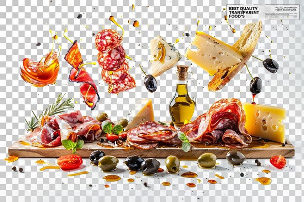 PSD a sophisticated charcuterie board with a selection of gourmet items on transparent background