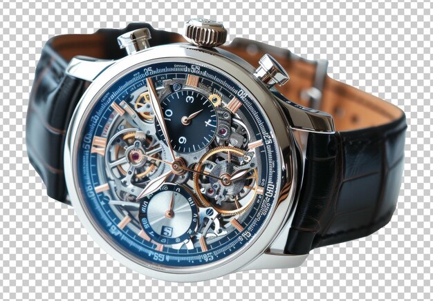 Sophisticated wristwatch with blue accents and transparent mechanics isolated on transparent background