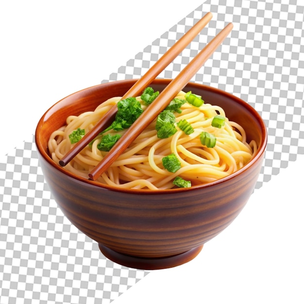 PSD soup with noodles with wooden sticks in wooden bowl isolated