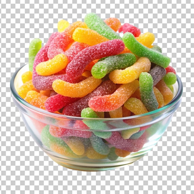 sour gummy worms jelly in a bowl Transparent background