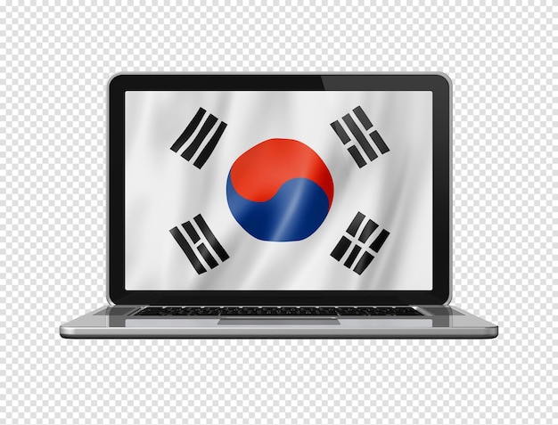 South Korean flag on laptop screen isolated on white 3D illustration