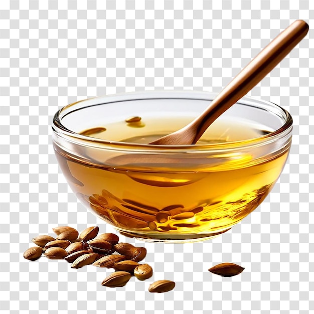 soyabin oil in glass bowl and spoon on transparent background