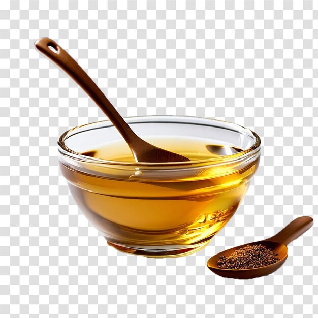 soyabin oil in glass bowl and spoon on transparent background