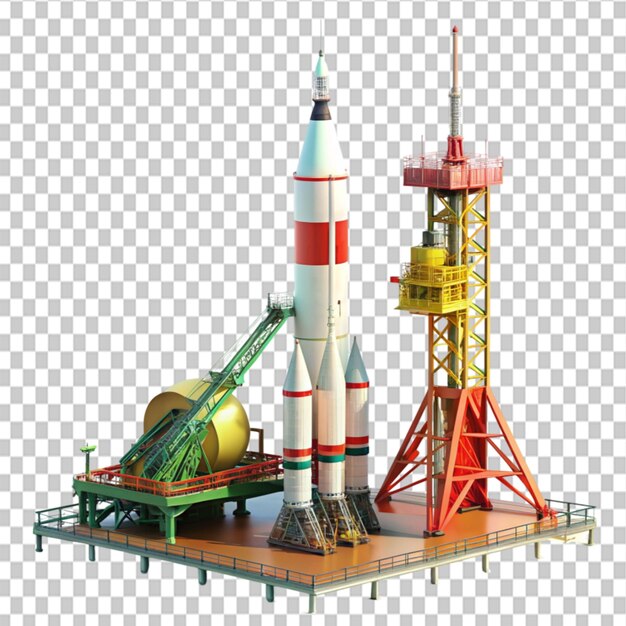 PSD soyuz spacecraft and launchpad on transparent background