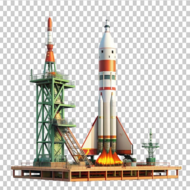 PSD soyuz spacecraft and launchpad on transparent background