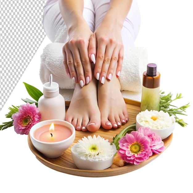 PSD spa treatment and product for female feet and hand on transparent background