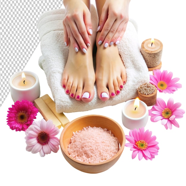 PSD spa treatment and product for female feet and hand on transparent background