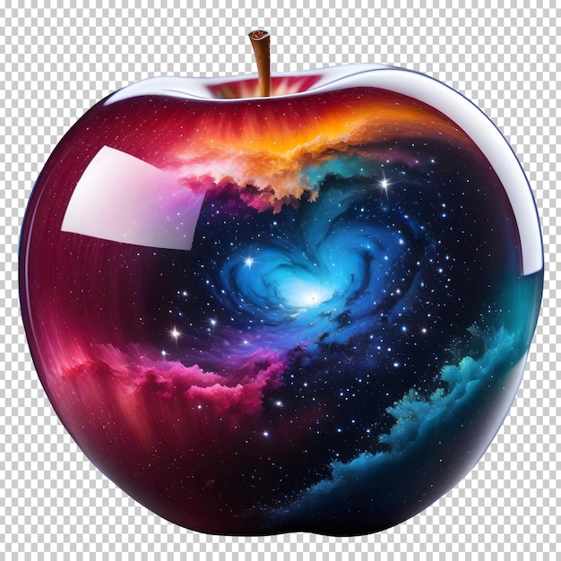 PSD space stars and galaxies inside an apple made of crystal transparent background 3d render