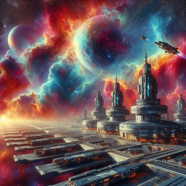 Spaceport docks where starships are fueled by the colorful gases of a nebula