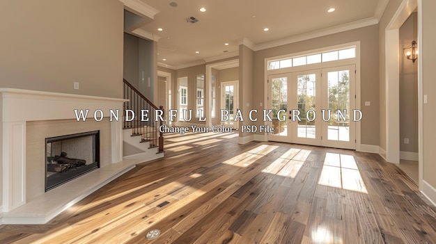 Spacious living room with hardwood floors fireplace and French doors Modern farmhouse interior design with warm natural light