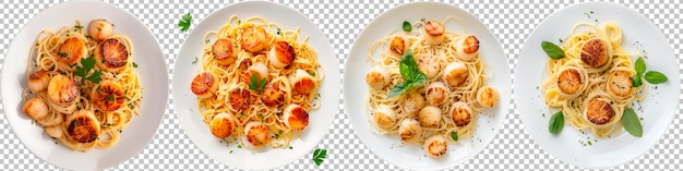 Spaghetti Aglio e Olio with PanSeared Scallops Set Isolated on Top View White Background