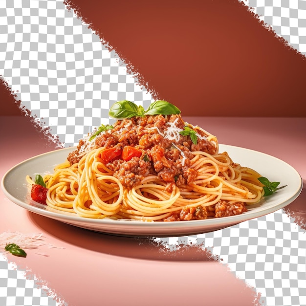 Spaghetti Bolognese sauce with beef or pork cheese tomatoes and spices served on a black plate in a closeup view