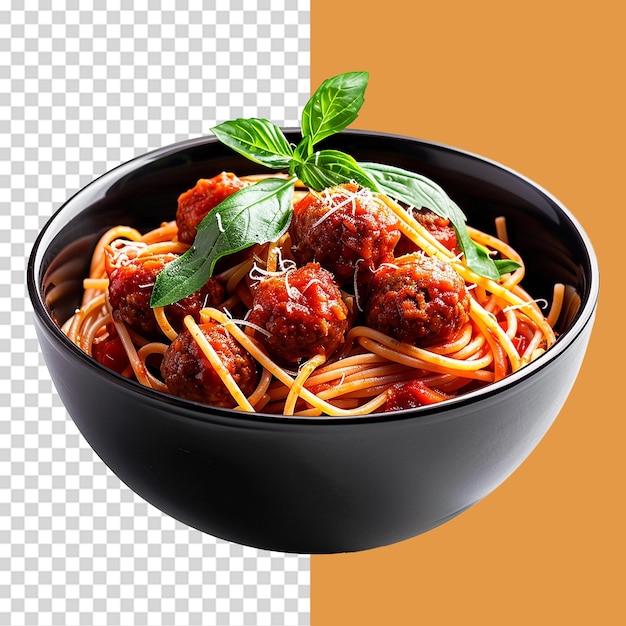 PSD spaghetti with meatballs and tomato sauce in black bowl closeup isolated on a transparent background