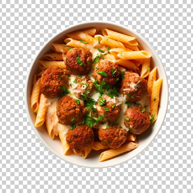 spaghetti with meatballs and tomato sauce in bowl closeup shot isolated on a transparent background