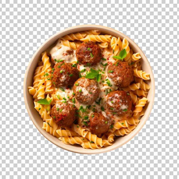 spaghetti with meatballs and tomato sauce in bowl closeup shot isolated on a transparent background