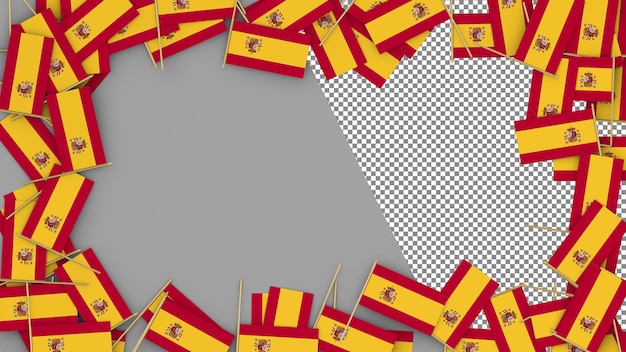 Spain Paper Flag scattered around the frame 3D Rendering