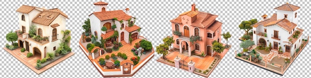 Spanish Villa Model Home with Terracotta Tiles and a Courtyard Set Isolated on Transparent Background