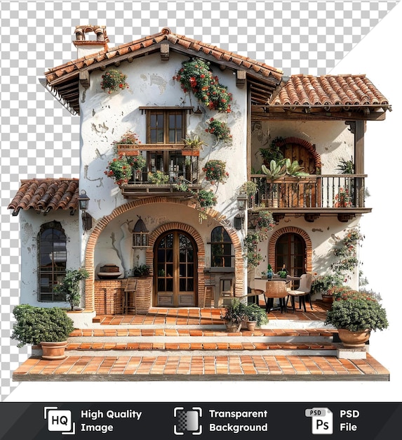 PSD spanish villa model with terracotta tiles and courtyard isolated on transparent background