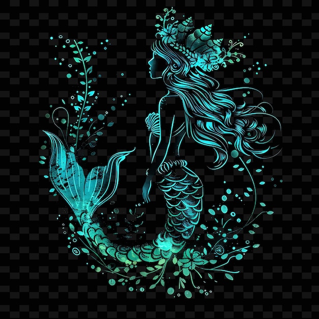 Sparkling Glow of a Mermaid With a Shimmering Tail and a Sea PNG Creative Neon Line Art Designs