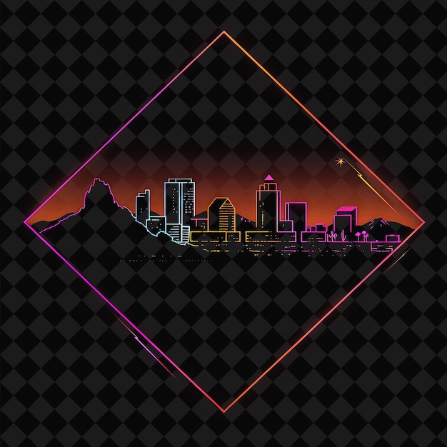 PSD sparkling neon phoenix skyline within a silhouette diamond l png y2k monoline cityscape collage art