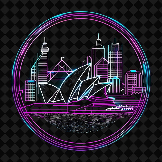 PSD sparkling neon sydney skyline inside a circular silhouette p png y2k monoline cityscape collage art