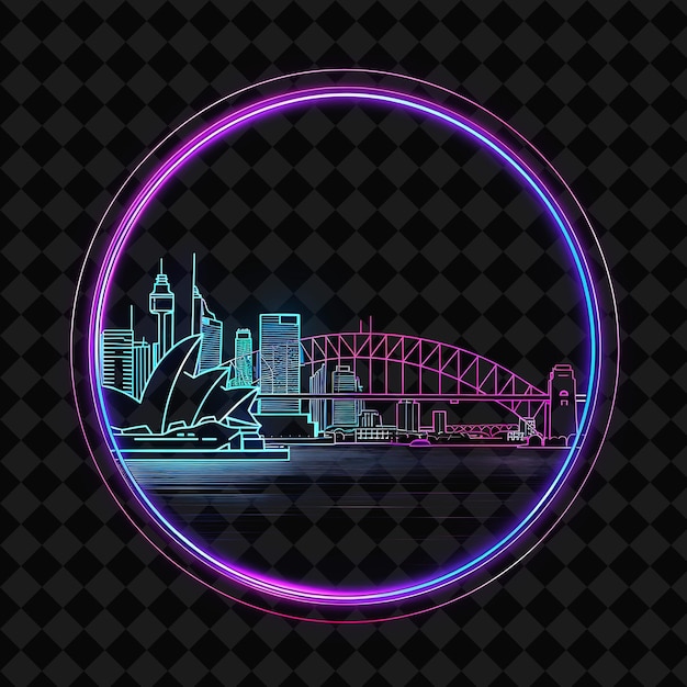 PSD sparkling neon sydney skyline inside a circular silhouette p png y2k monoline cityscape collage art