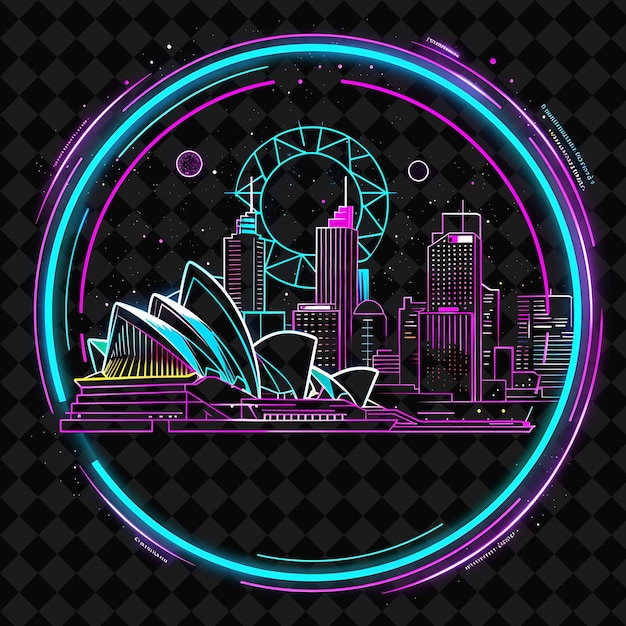 PSD sparkling neon sydney skyline inside a circular silhouette p png y2k monoline cityscape collage art