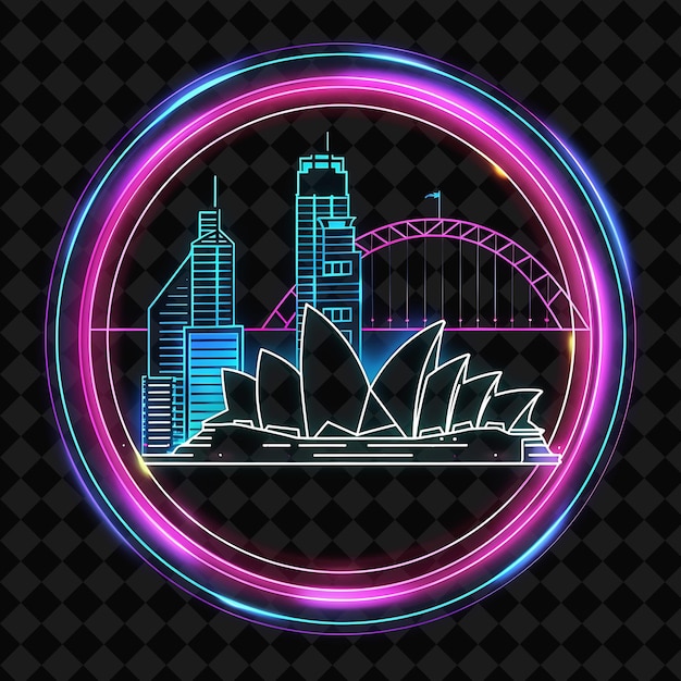 PSD sparkling neon sydney skyline inside a circular silhouette p png y2k monoline cityscape collage art