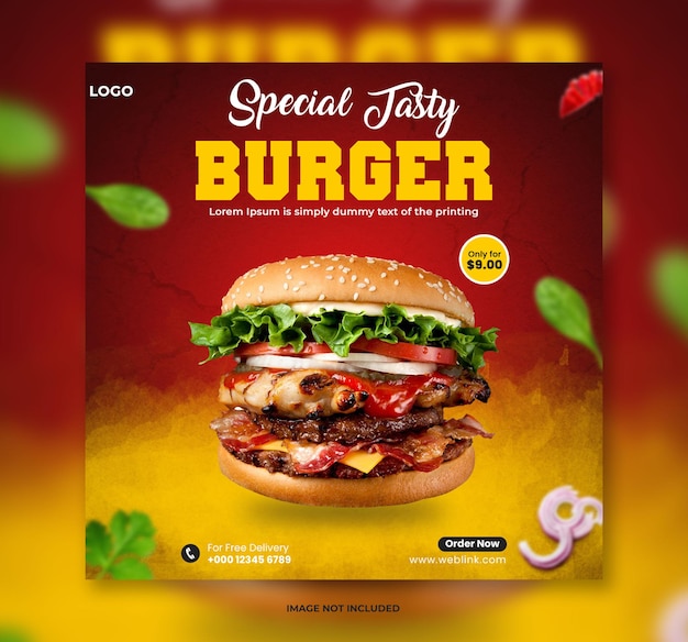 Special burger and restaurant menu food social media post banner template or food web banner