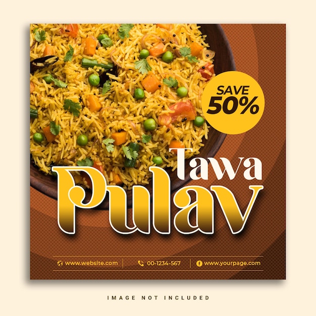 Special delicious Tawa pulav rice food meal social media banner Instagram post template PSD