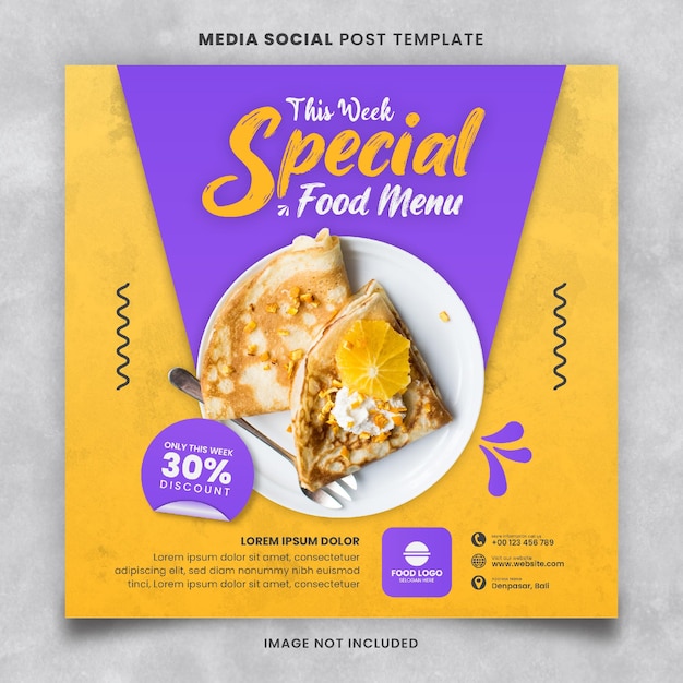 Special Food Menu and Restaurant Social Media Post Template with a mix of yellow and purple