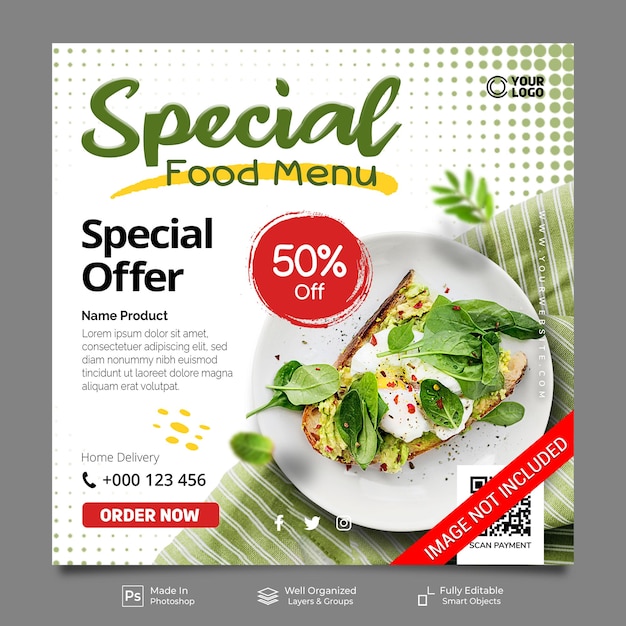 Special healthy food menu restaurant for promotion social media post feed banner template