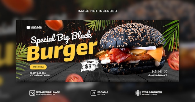 Special hot Spicy Black Burger food menu promotion Facebook cover banner template Premium Psd