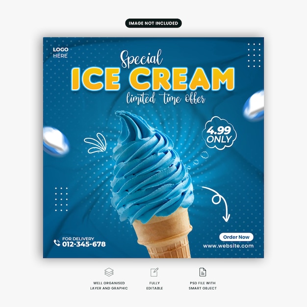 Special ice cream social media post Ice cream banner template Food social media banner with blue background Ice cream discount offer template with white hearts Dessert promotional banner