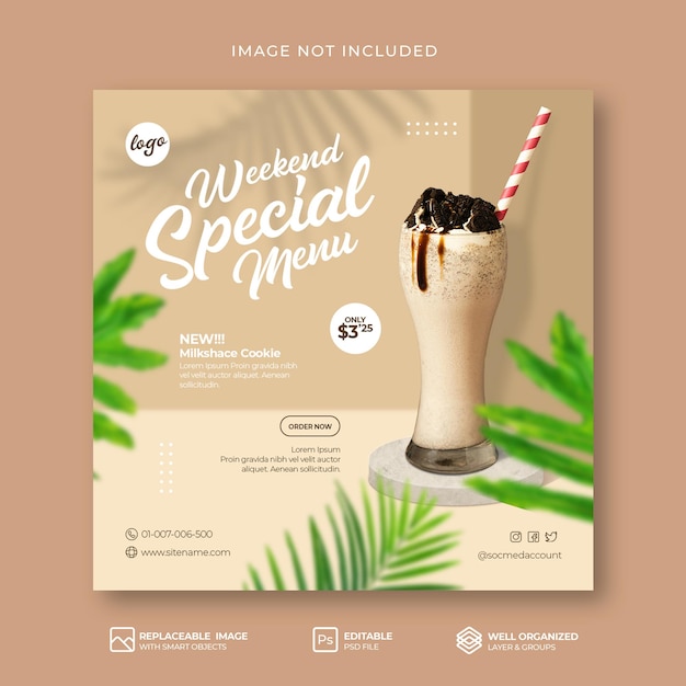 Special milkshake cookie drink menu promotion social media instagram post or banner template Premium