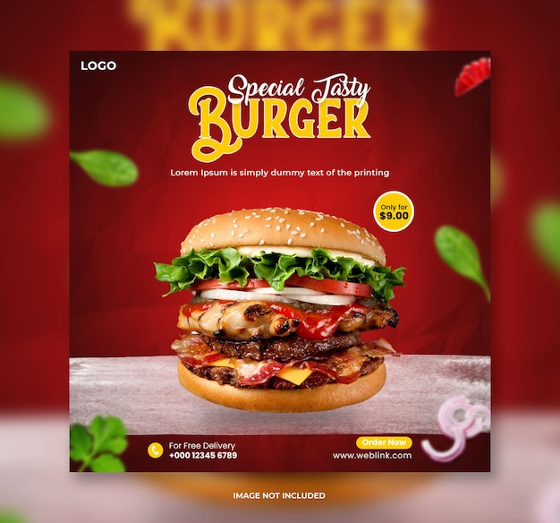 Special tasty burger and restaurant burger social media banner template or food banner