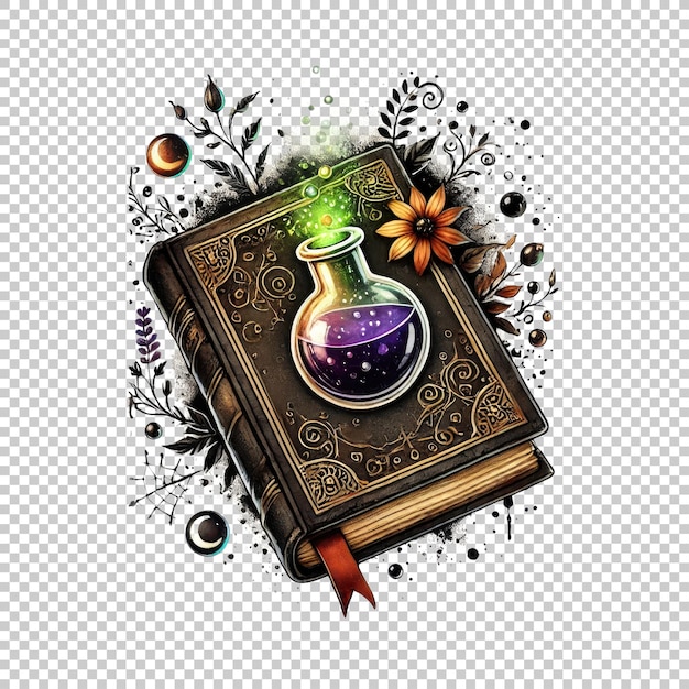 PSD spellbook with potion illustration isolated on transparent background