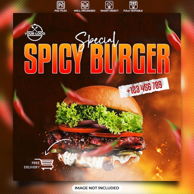 Spicy burger menu social media post templates