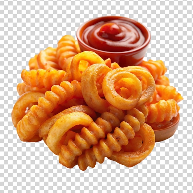 PSD spicy curly fries with ketchup on transparent background