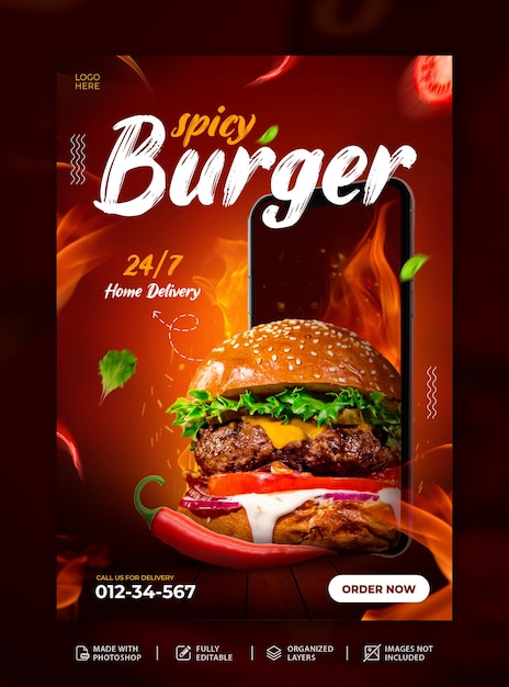 Spicy hot Delicious burger fast food flyer ad promotion poster template PSD