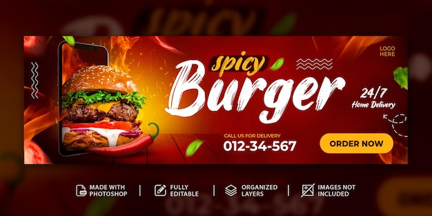 Spicy hot Delicious burger fast food promotion web banner template PSD