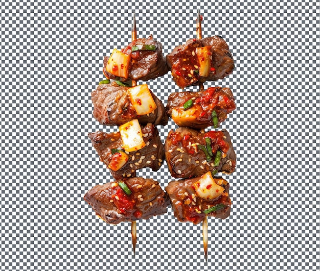 PSD spicy korean bbq beef skewers isolated on transparent background