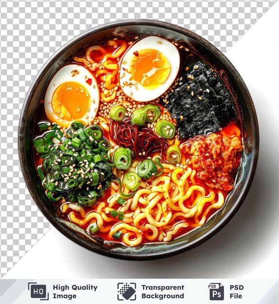 PSD spicy ramen with softboiled egg and nori set isolated on top view isolated background