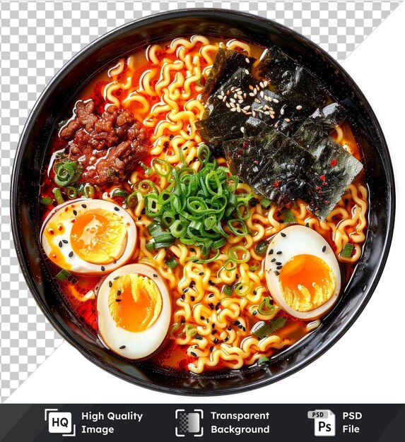 PSD spicy ramen with softboiled egg and nori set isolated on transparent background